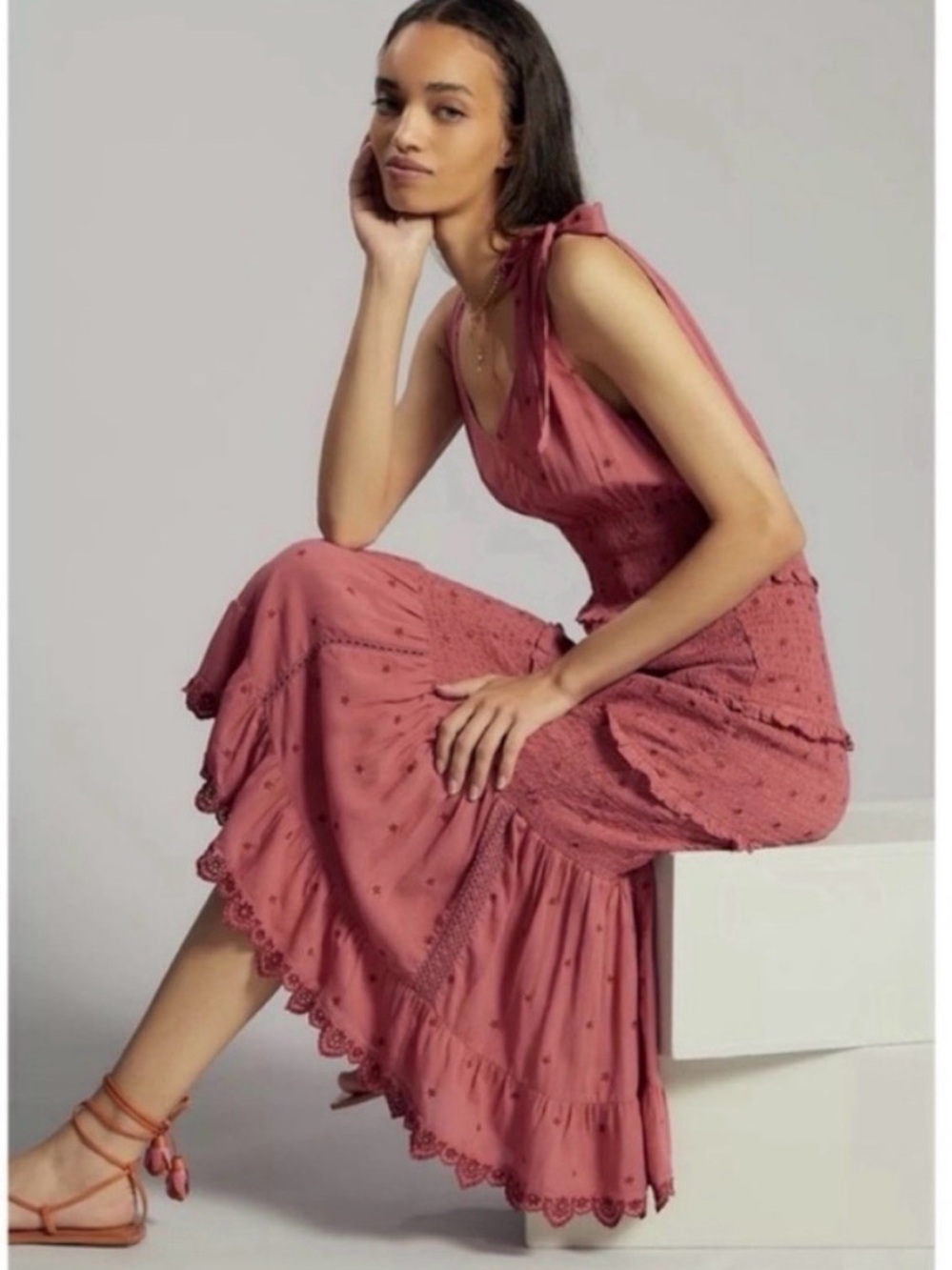 Anthropologie Rose-Mauve Eyelet Midi Dress with Tie Straps